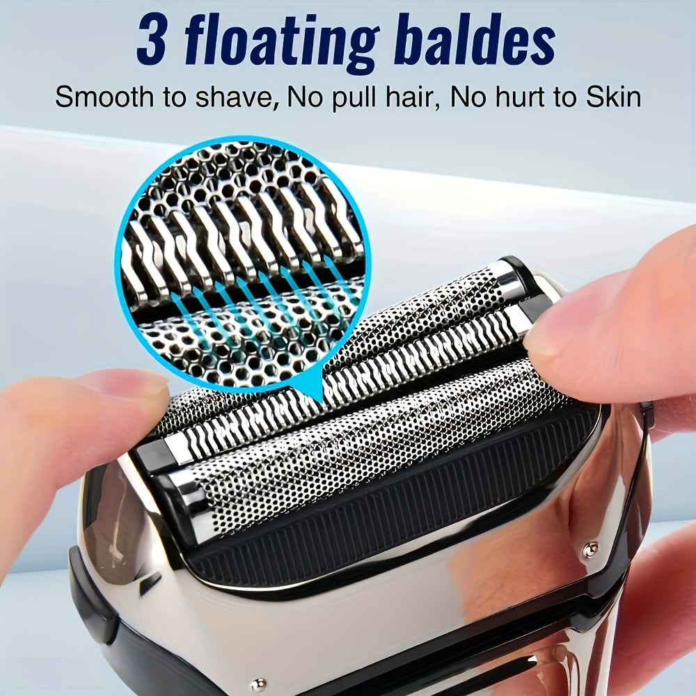 Electric shaver LED display USB rechargeable 3-head stainless steel blades portable for home travel office car