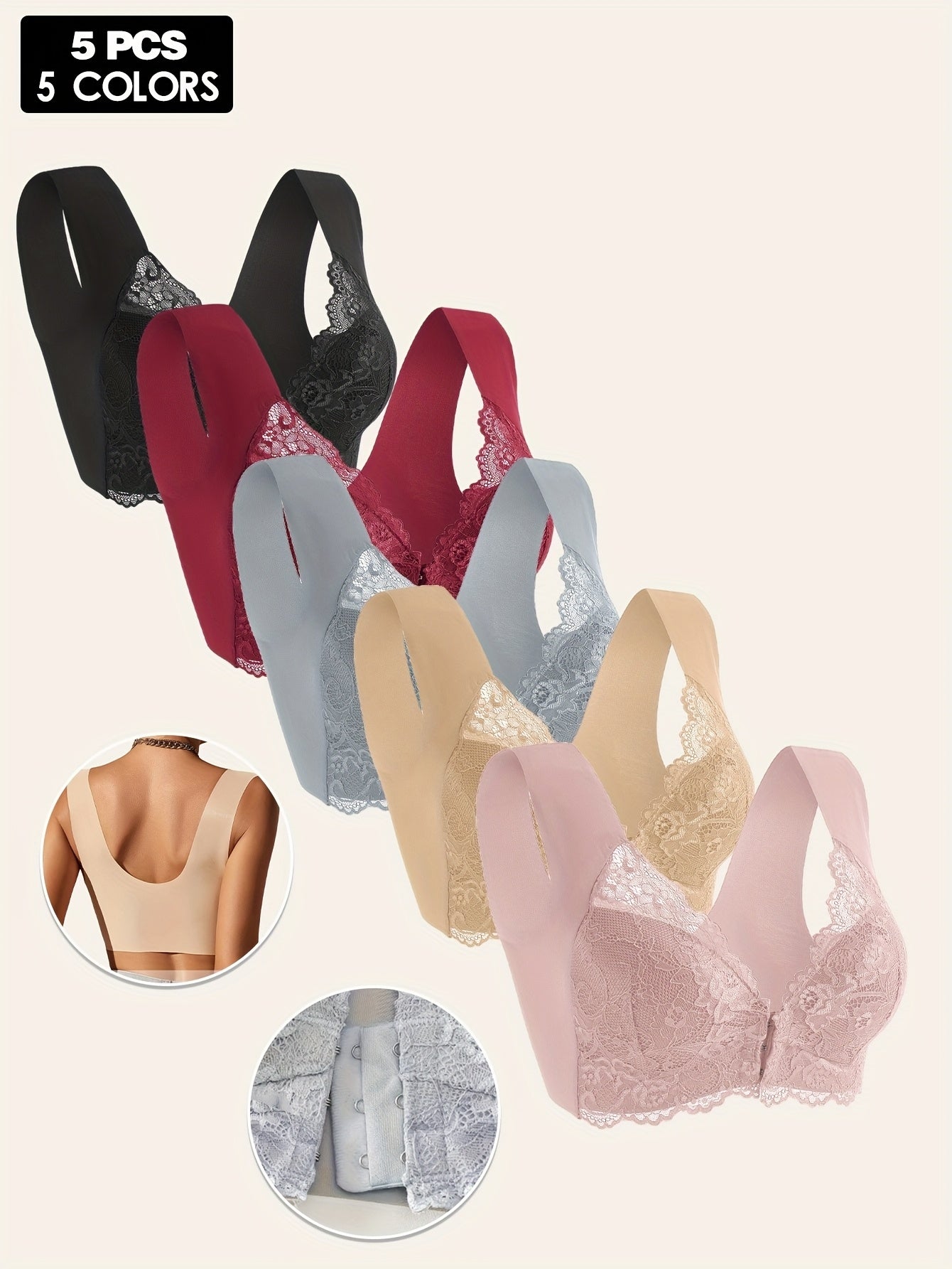 Women's Plus Size V-Neck Lace Trim Bras Pack of 5 No Underwire High Support