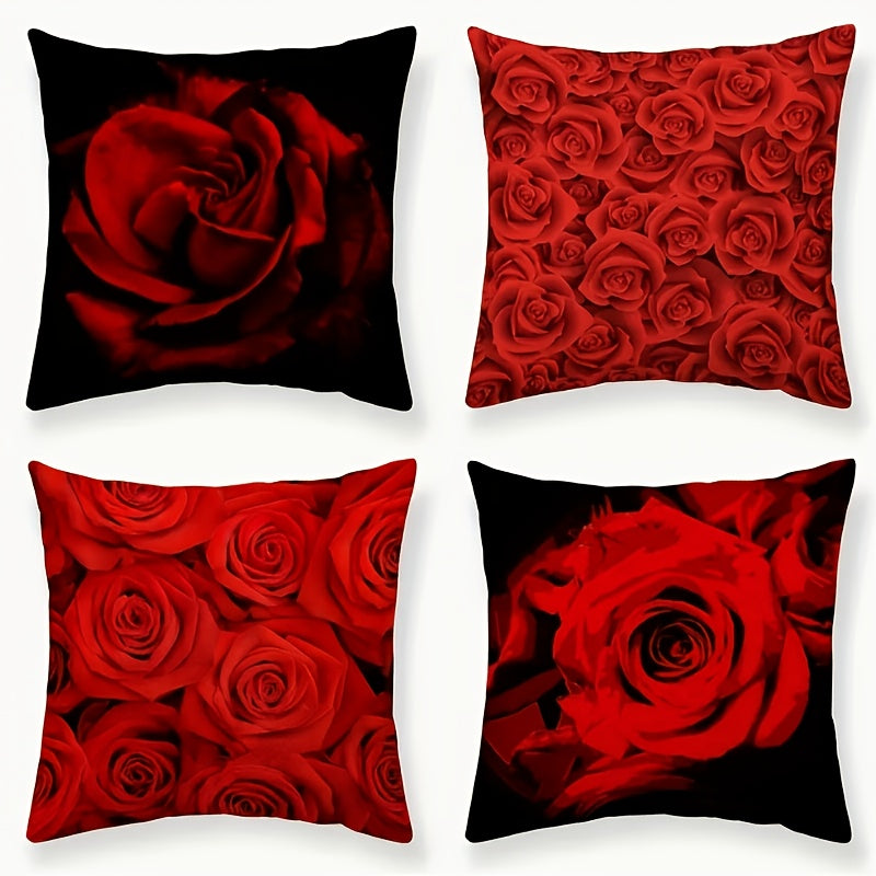Red Rose Printed Throw Pillow Cover 44.96cm x 44.96cm Floral Cushion Cover for Valentine's Day and Wedding