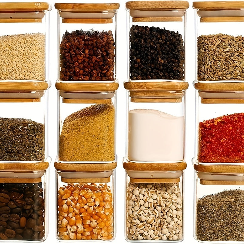 12 Pack Square Glass Spice Jars with Bamboo Lids Airtight Reusable Kitchen Storage