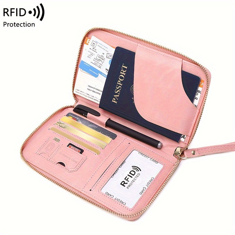 Brown RFID Blocking Travel Wallet with Zipper Closure and Wrist Strap for Passports and Cards