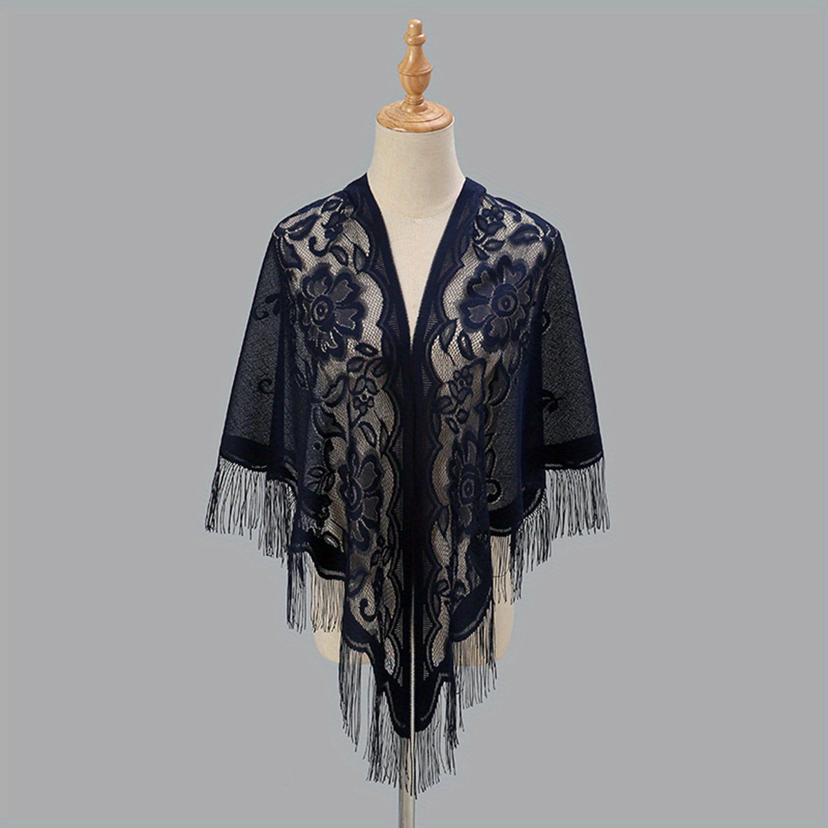 Elegant Women's Cardigan Shawl with Monochrome Lace Tassel Embroidery
