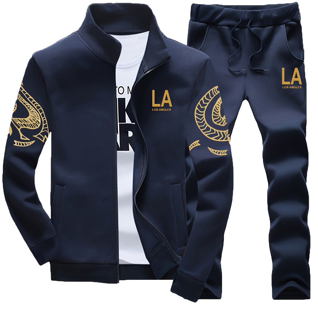 Erkaklar uchun bosma tasodifiy to'plam, bahor/kovak uchun turli xil ko'ylak va zip-up jakketi bilan polyester sviter va joggerlarni o'z ichiga oladi.