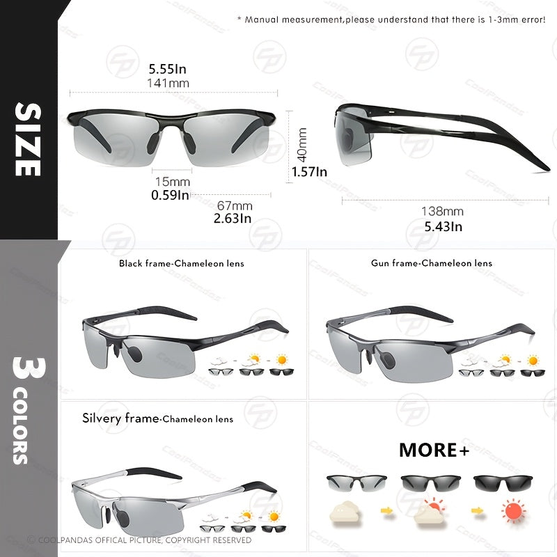 Men's Aluminum Rimless Photochromic Glasses Polarized Day Night Driving Anti-Glare