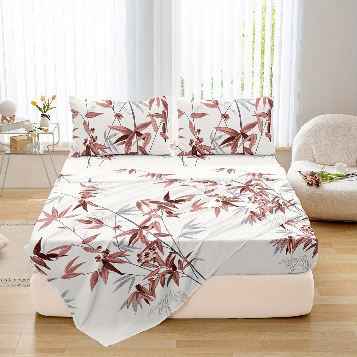 Conjunto de ropa de cama con estampado de hojas de bambú transpirable que incluye sábanas planas y ajustables, fundas de almohada, 4 piezas