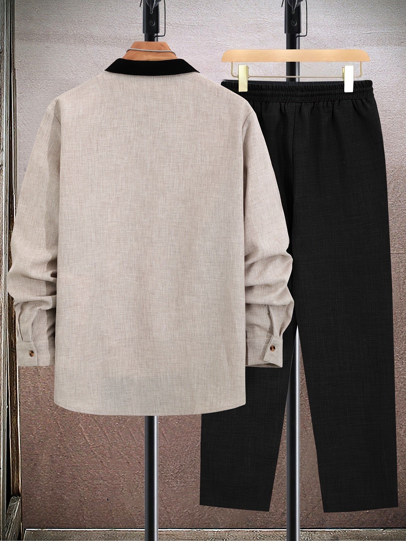 Conjunto de americana de tamaño grande para hombre en color verde oliva, de poliéster, casual, con botones, con bolsillos y pantalones negros para primavera y otoño