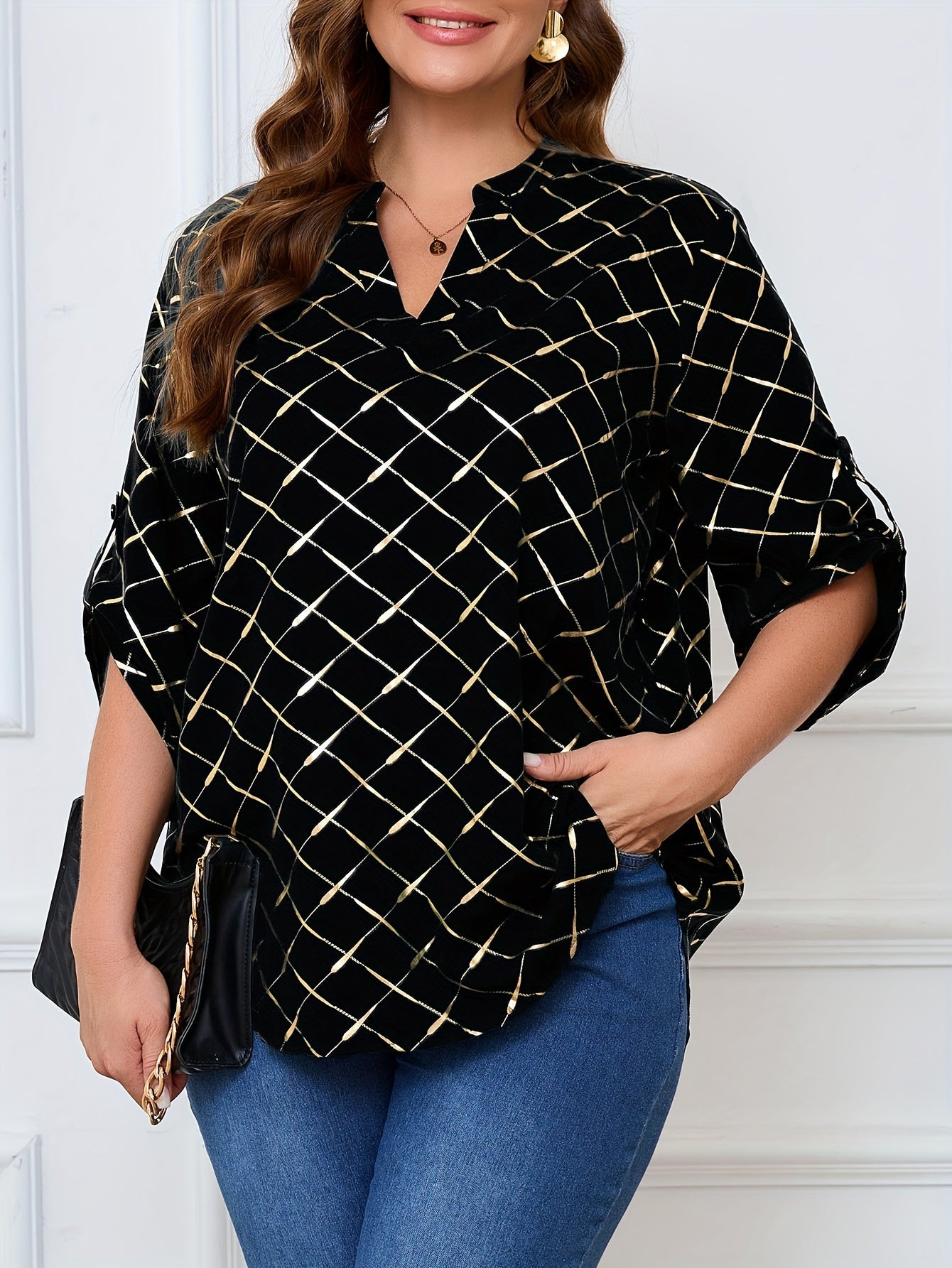 Women's Plus Size Heat Transfer Print Split Neck Long Sleeve Casual Top