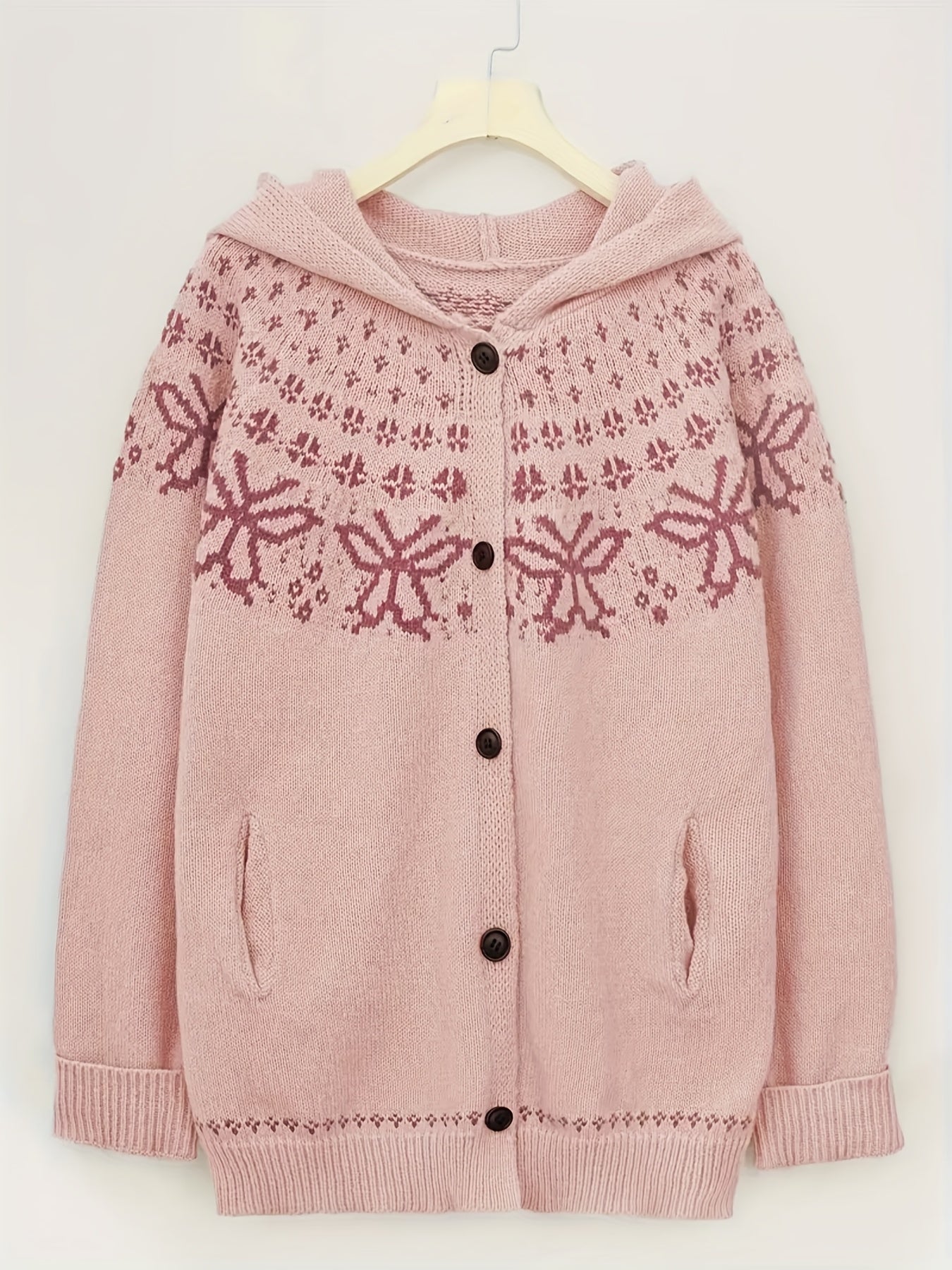 Plus Size Beige Floral Pattern Cardigan for Fall Winter Long Sleeve Hooded