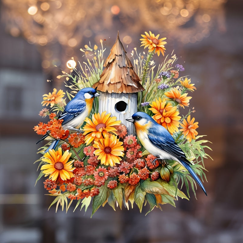 Matte Finish Vinyl Sticker Blue Birds Floral Birdhouse Decor 30cm