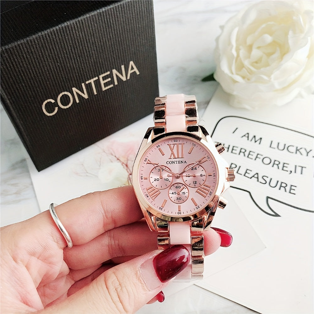 Reloj de mujer en oro rosa con cuarzo, fases lunares y calendario, pulsera de acero inoxidable
