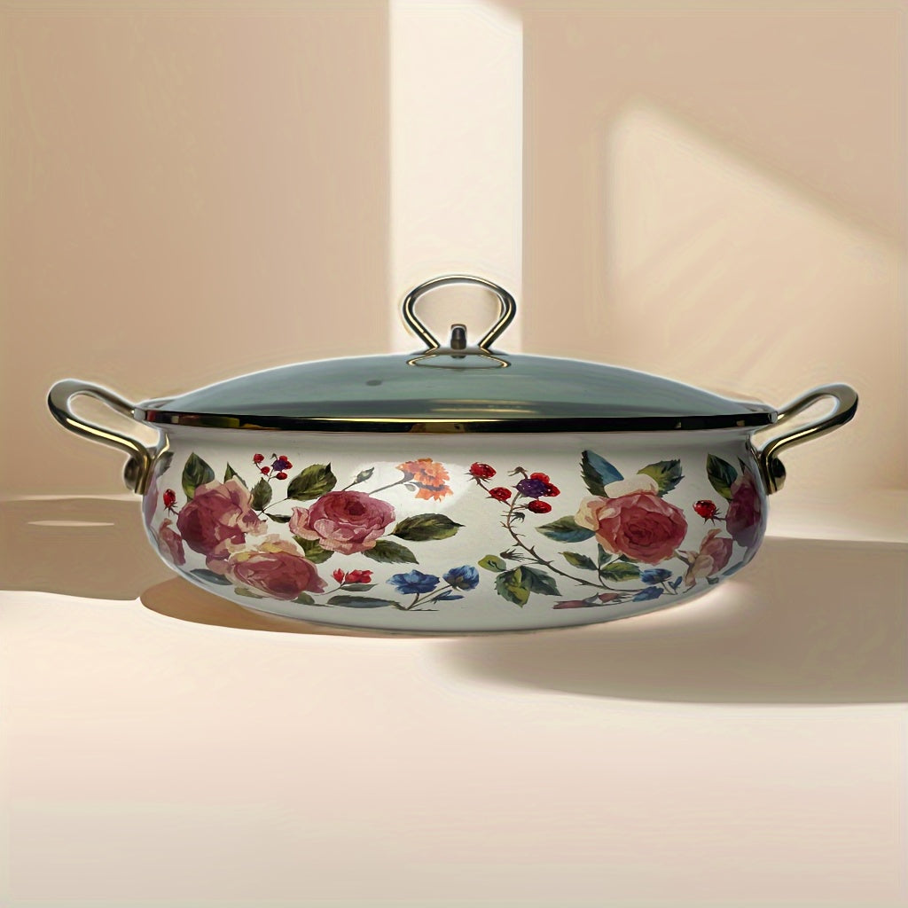 Floral Enamel Soup Pot with Lid and Sturdy Handle Kitchen Cookware