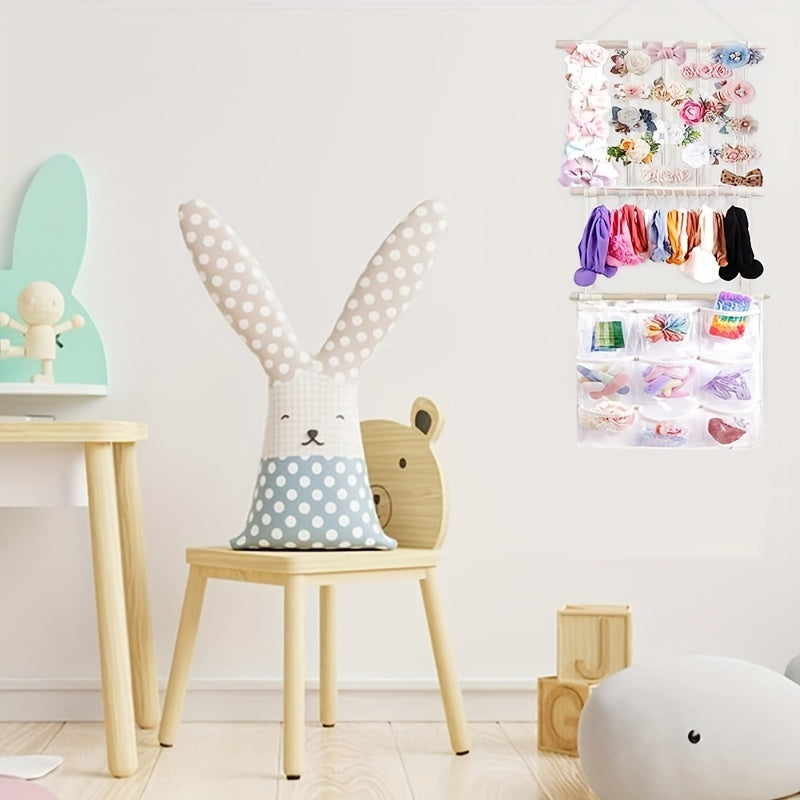 Hair Accessory Organizer with 10 Hooks and Hanging Display Pocket for Jewelry Storage