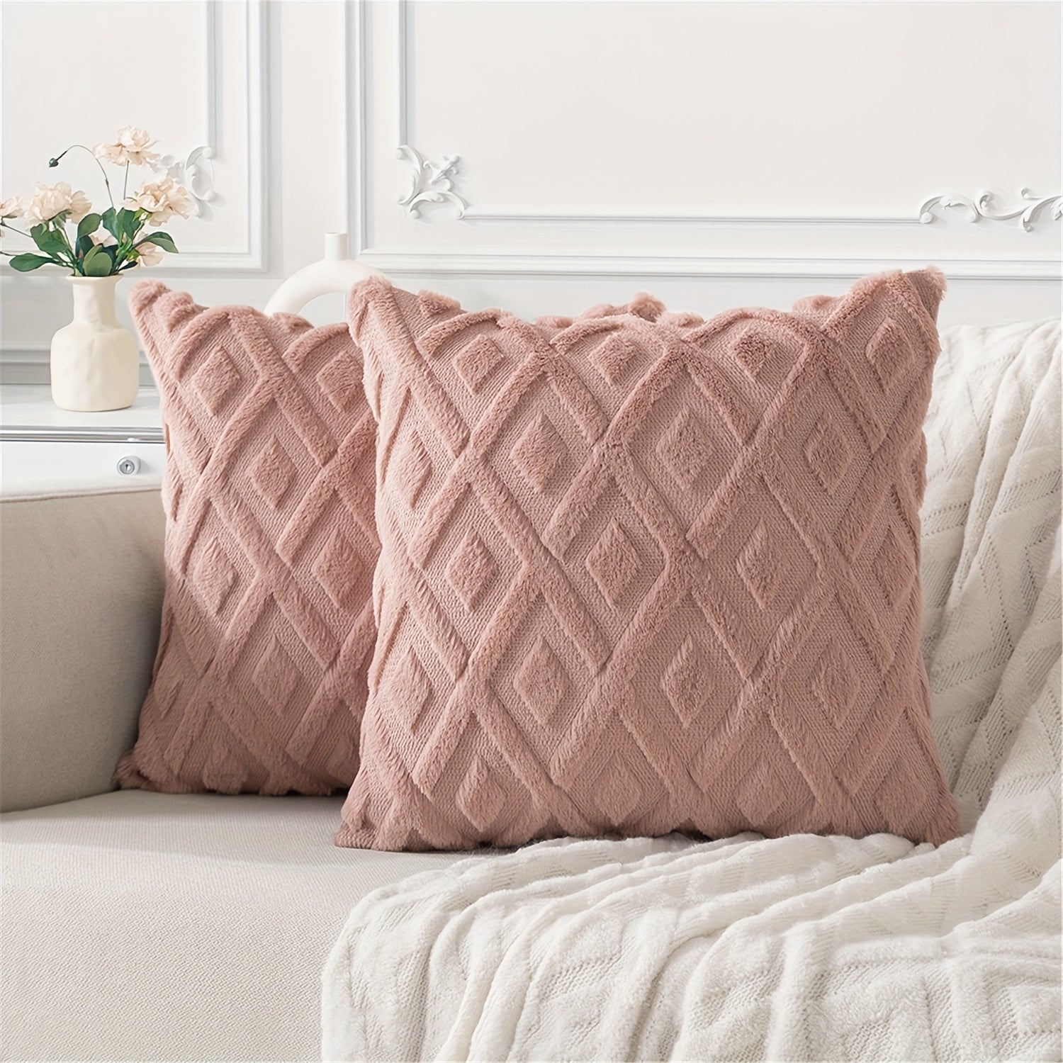 Beige Faux Wool Throw Pillow Covers 18x18 Inches for Couch Sofa Decor