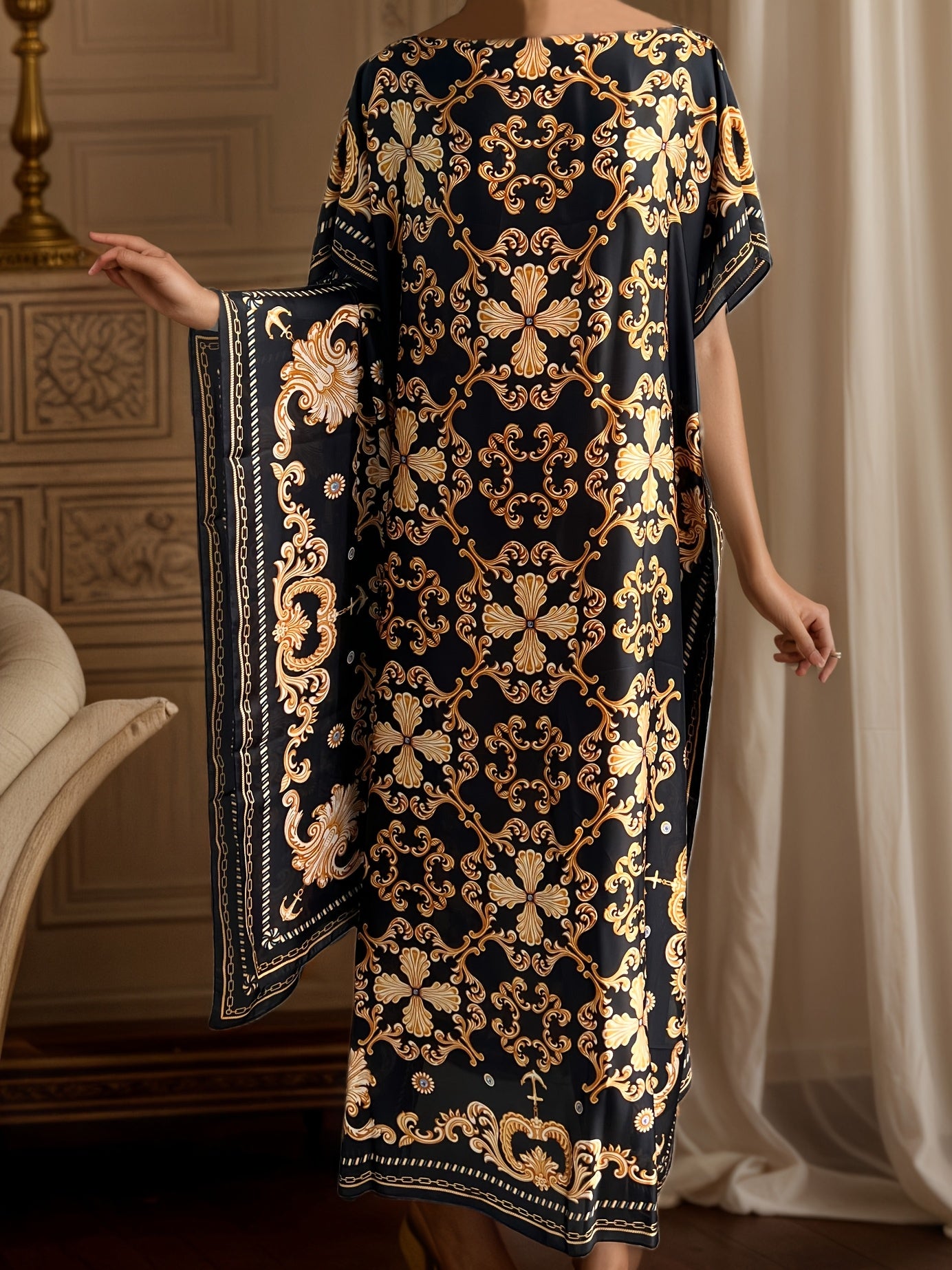 Women's Plus Size Printed Maxi Dress with Scarf, Baroque Design