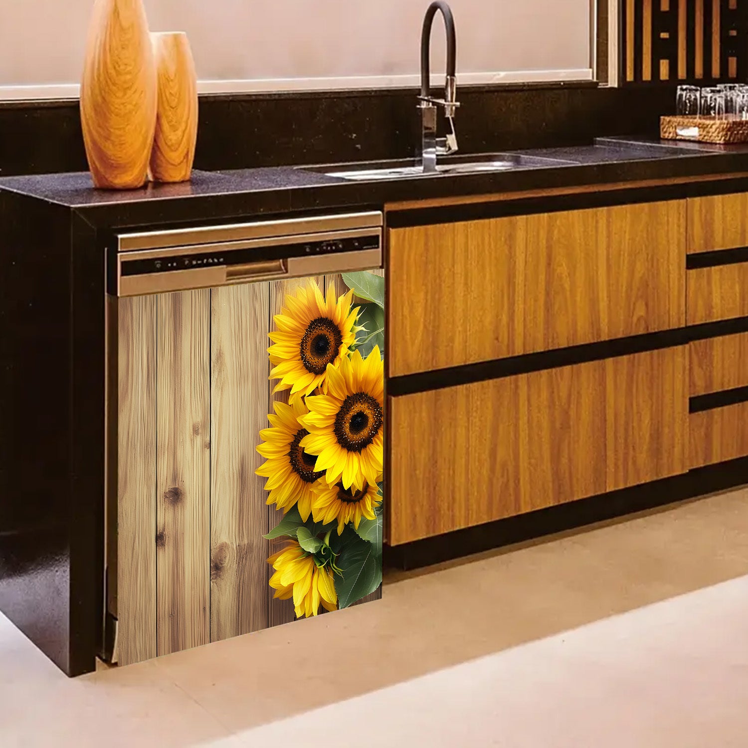 Sunflower Design Dishwasher Magnet Cover Waterproof Heat-Resistant Metal Kitchen Decor Rustic Wood Plank Style