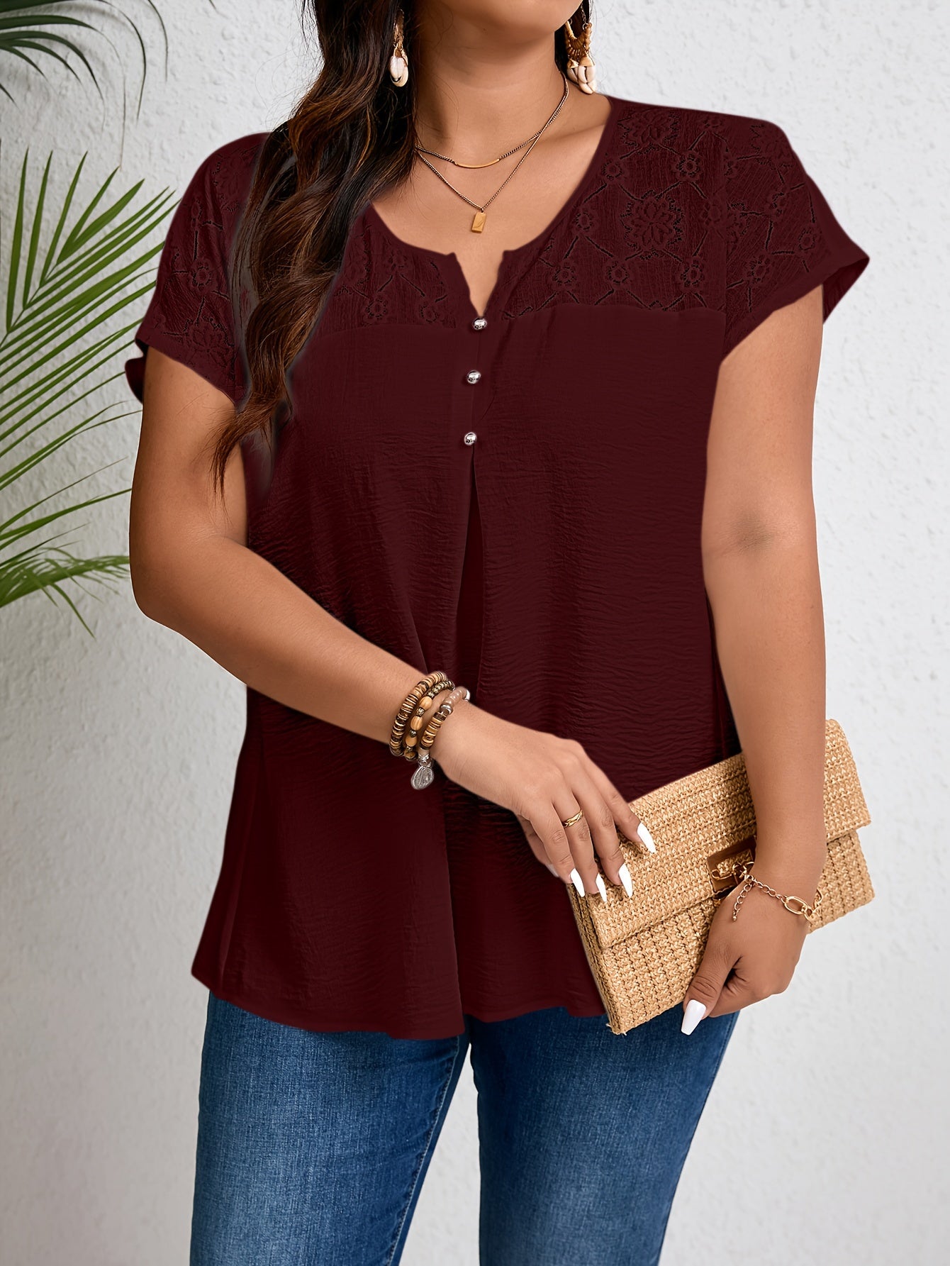 Plus Size Lace Top with Button Details Short Sleeve Notched Neck Spring Summer Elegant