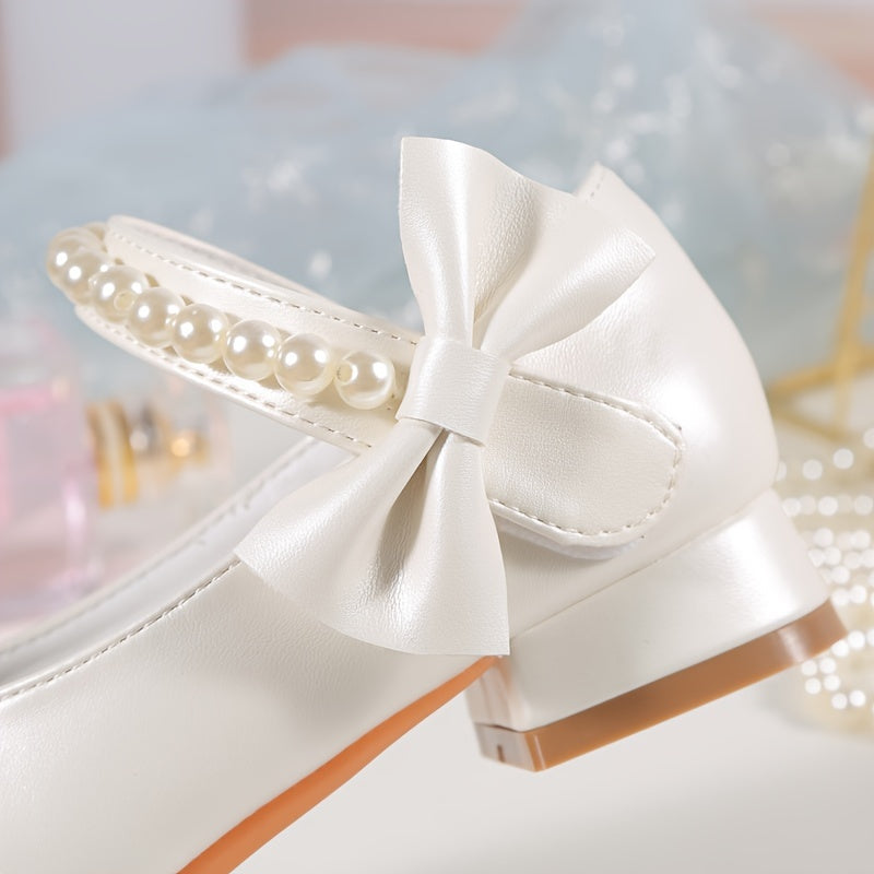 Girls' White Synthetic Pearl Embellished Dress Shoes with Bowknot and Chunky Heel
