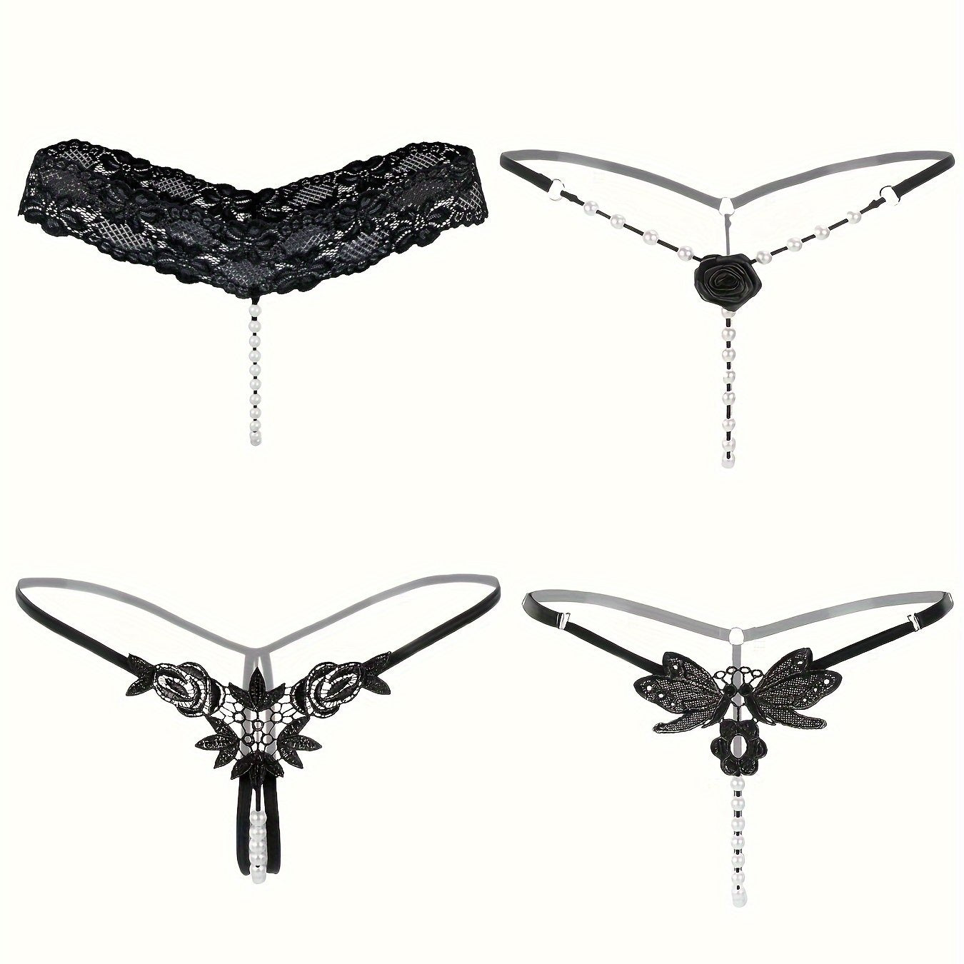 Women's Lace Thongs Low Waist Open Crotch G-String with Pearl Pendant Lingerie