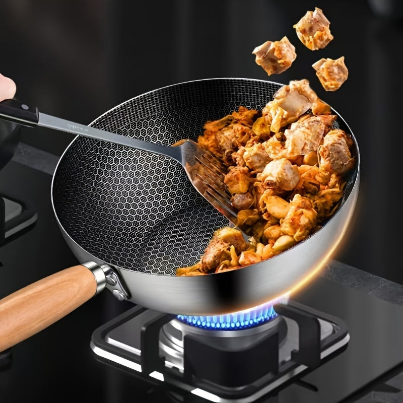 20cm Stainless Steel Non-Stick Wok with Honeycomb Coating and Wood Handle