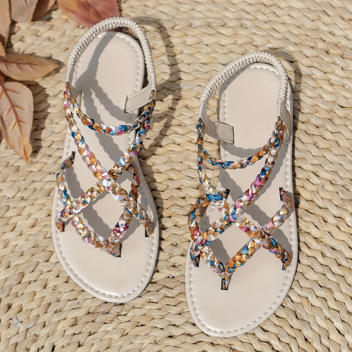 Women Bohemian Flat Sandals Strappy Slip-On Multicolor Braiding