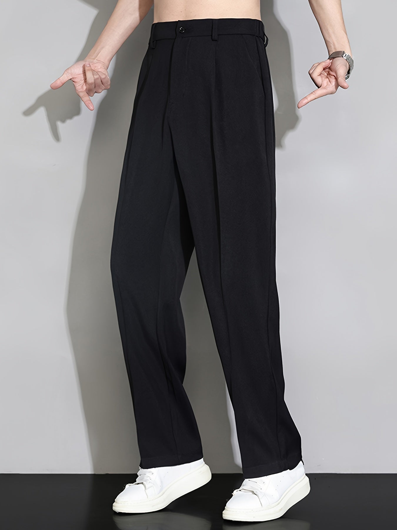 Pantalones de traje de verano para hombre de pierna recta, poliéster, sin elasticidad, de color sólido, casual, ajuste regular