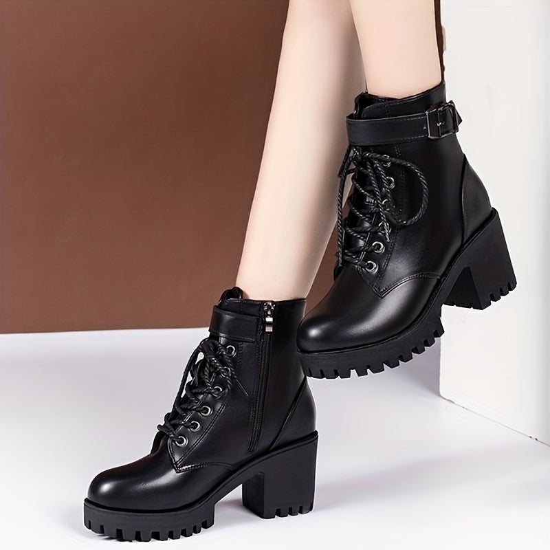 Women's Solid Color Chunky Heel Lace Up Ankle Boots