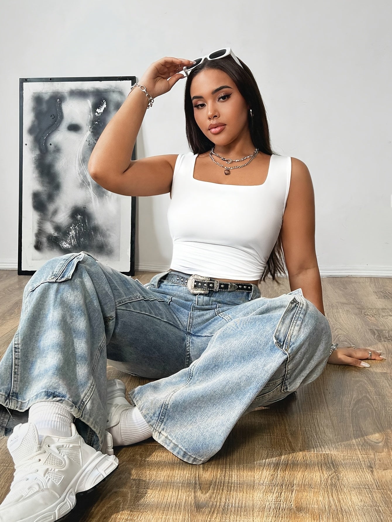 Plus Size Women's Sleeveless Square Neck Tank Top Polyester Knit Solid Color Summer