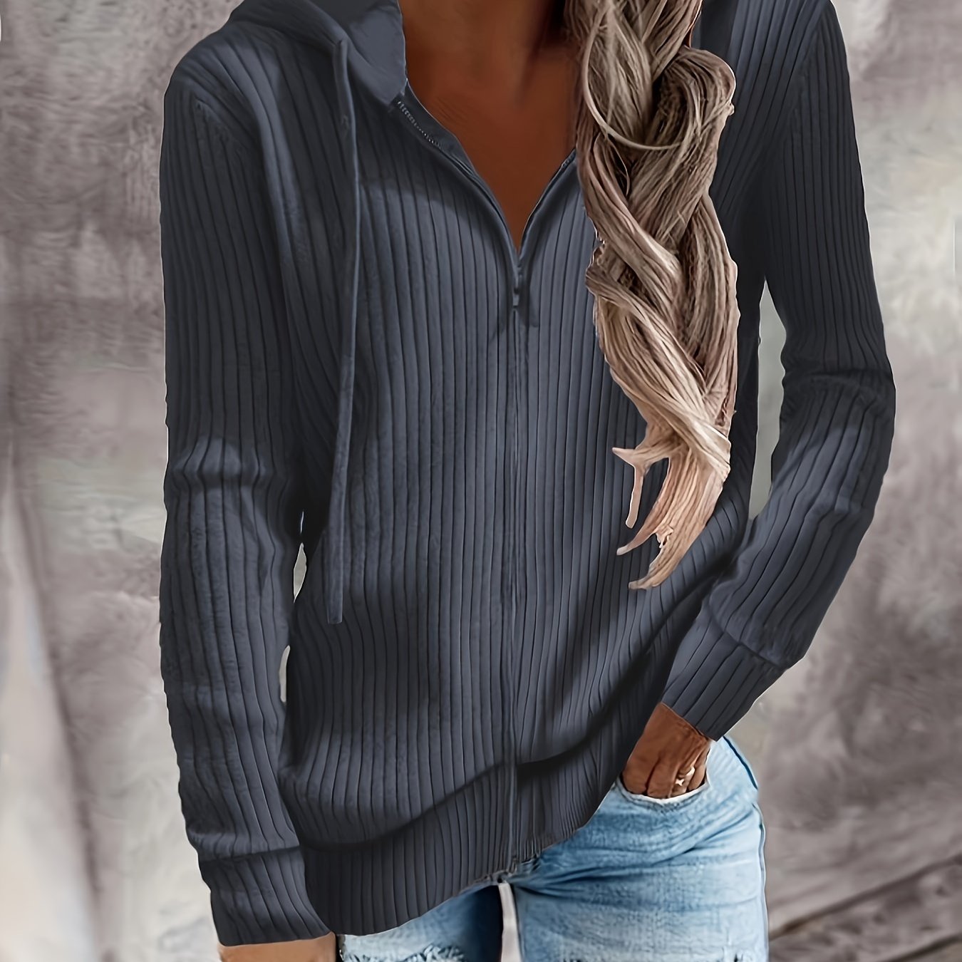 Plus Size Women's Autumn Winter Striped Hoodie with Zipper Long Sleeve Pullover