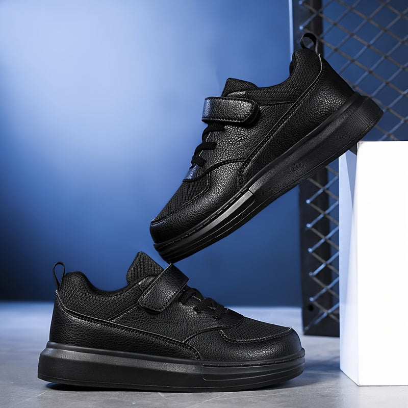 Kids Black Athletic Sneakers with Breathable Mesh and Hook-and-Loop Strap