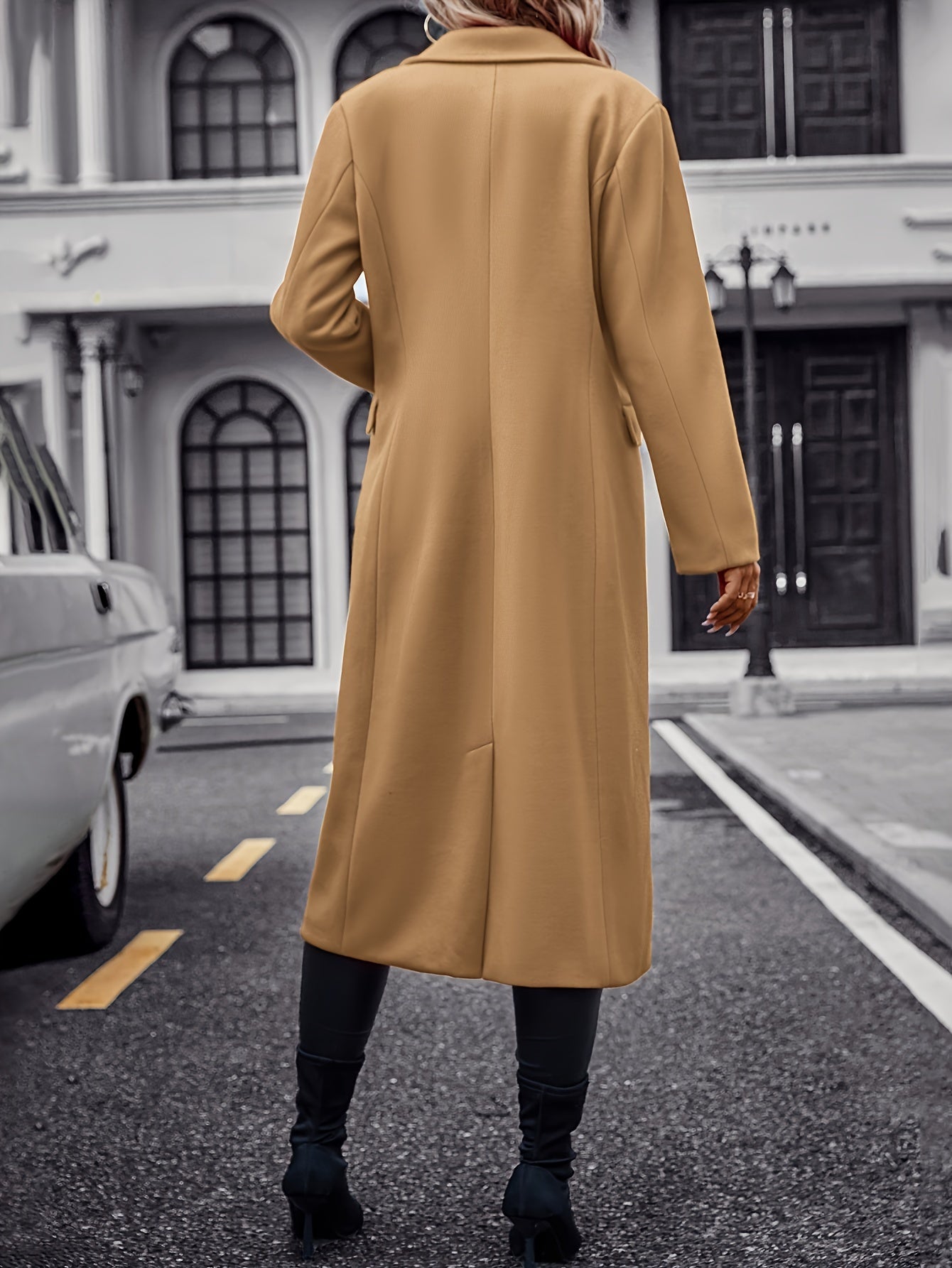 Women's Polyester Double-Breasted Coat with Lapel Long Sleeve Pockets Autumn Winter