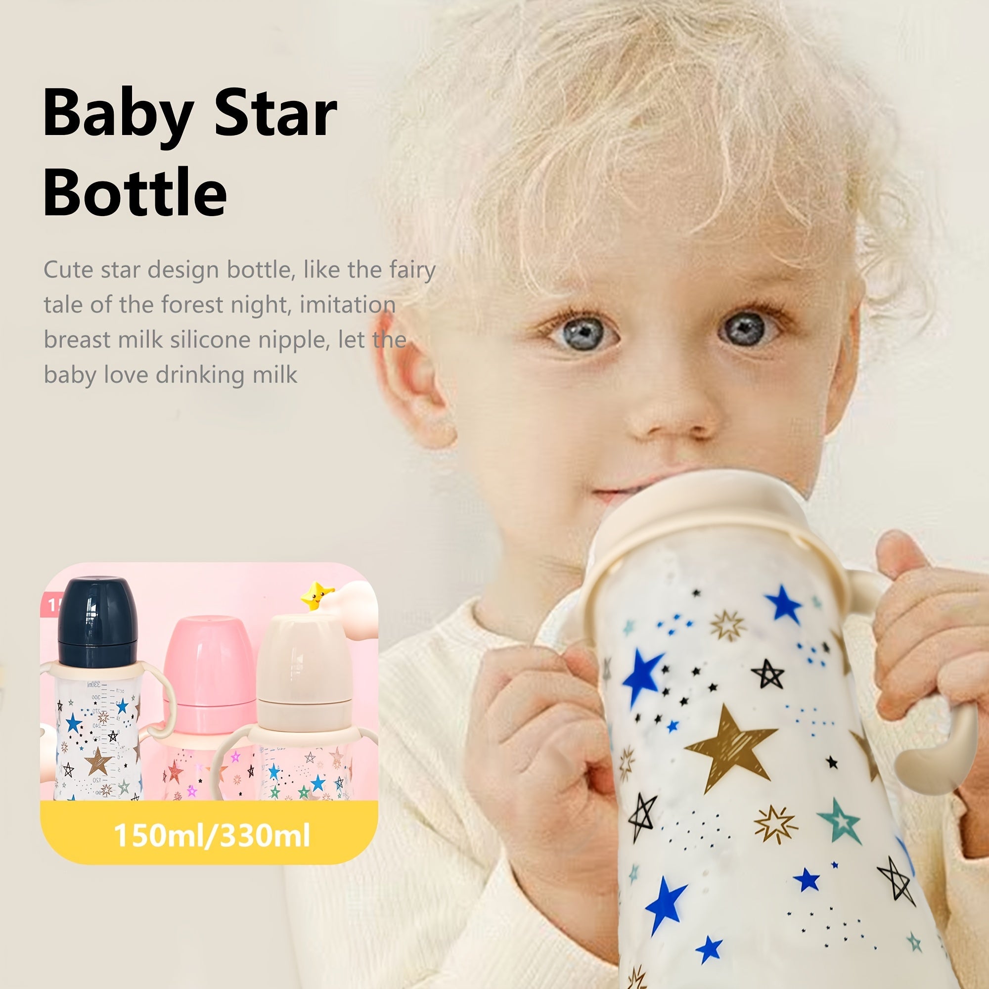 330ml Baby Feeding Bottle for 6-36 Months with Handle and Fairy Star Design in White Blue Pink