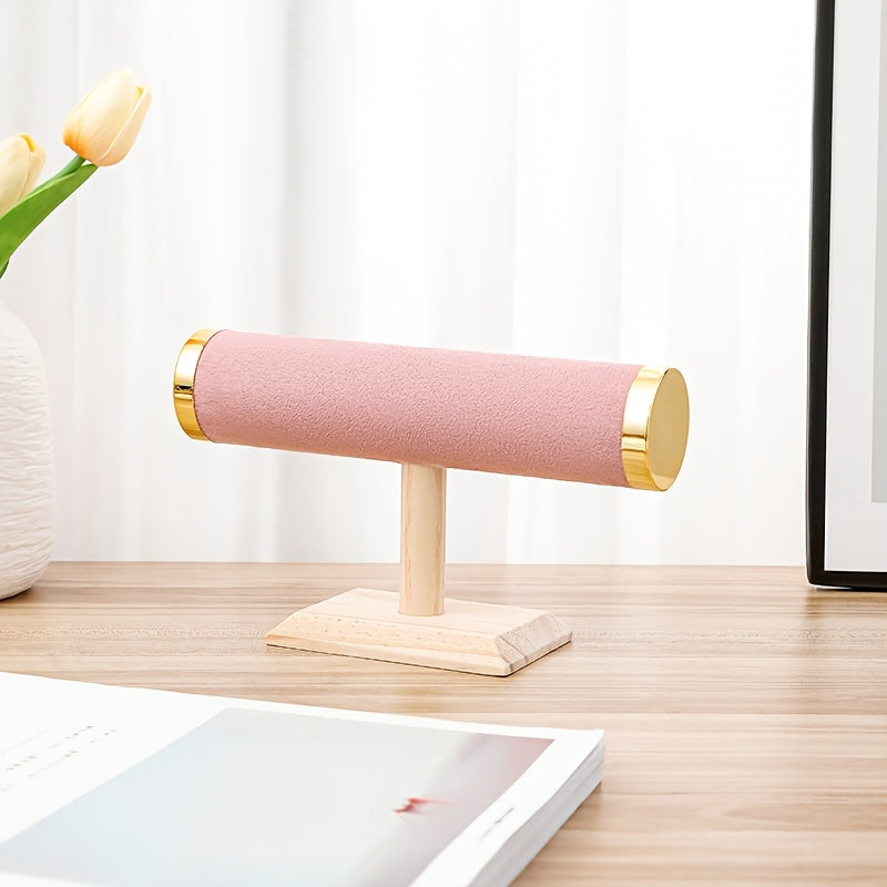 Wood Jewelry Organizer Stand with Velvet Lining and Gold Accents for Necklaces Watches and Bracelets