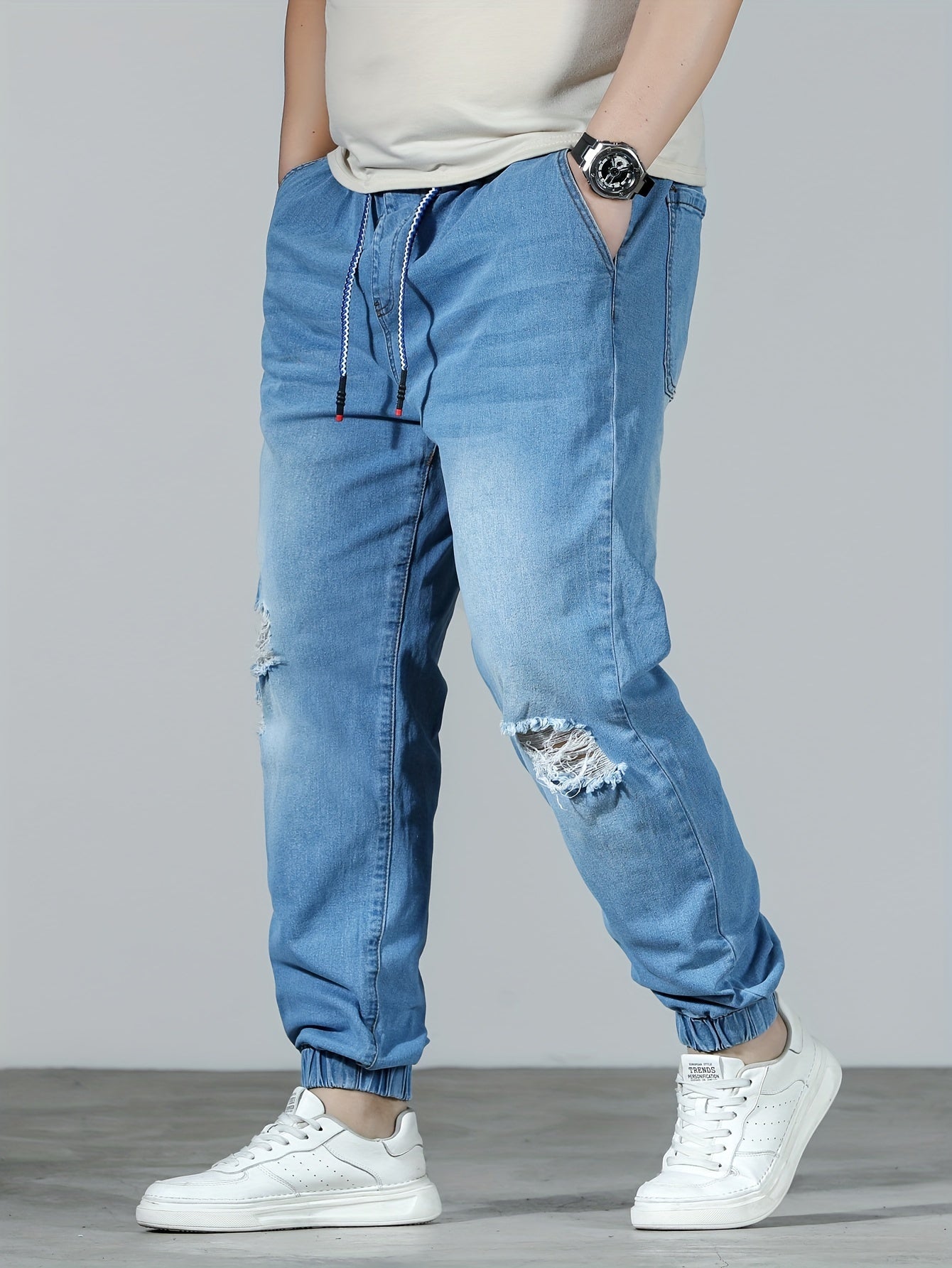 Plus Size Men's Distressed Ripped Denim Joggers Cotton Blend All-Season Casual
