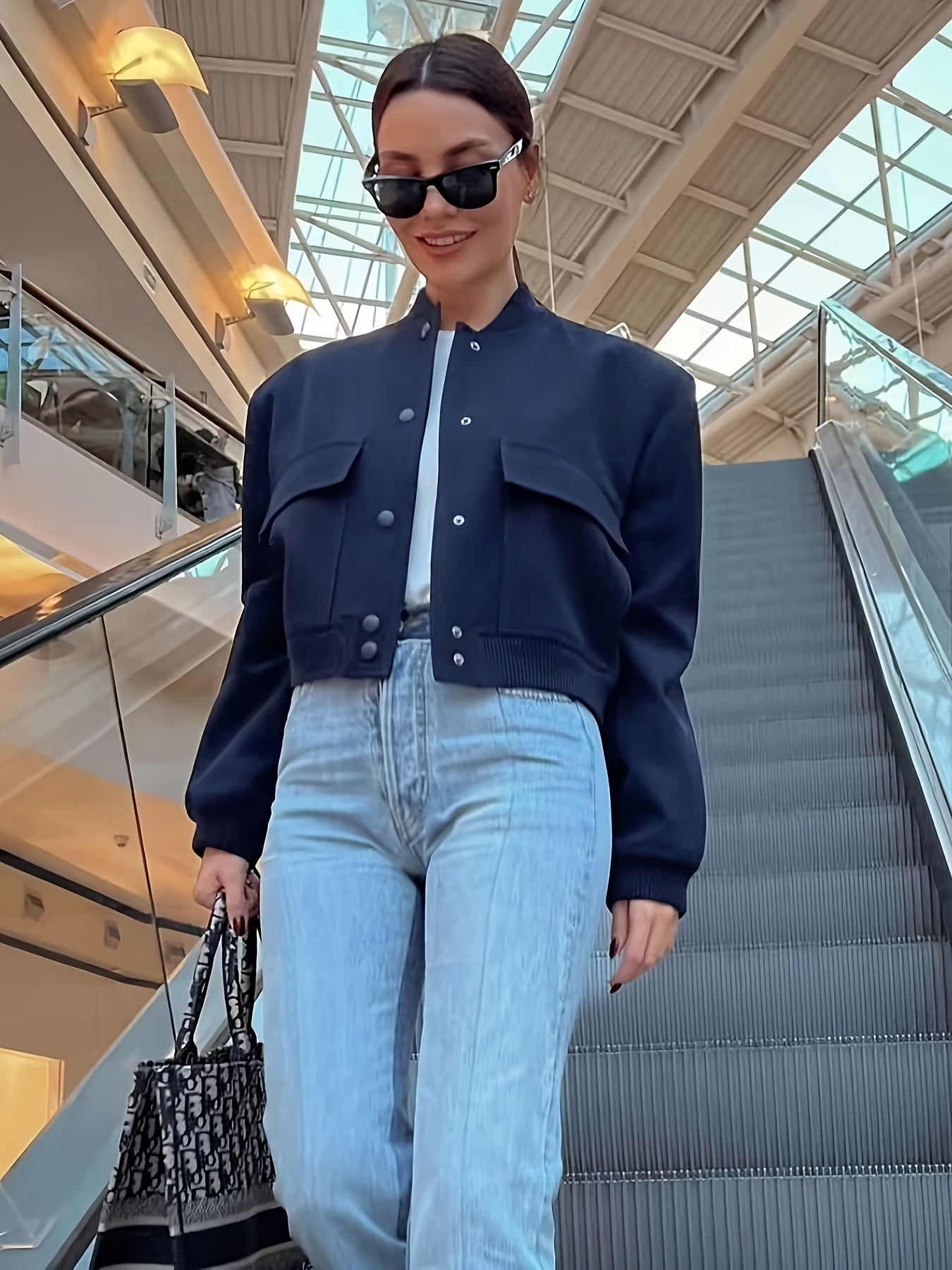 Women's Polyester Casual Bomber Jacket with Stand Collar and Large Pockets for Spring Fall