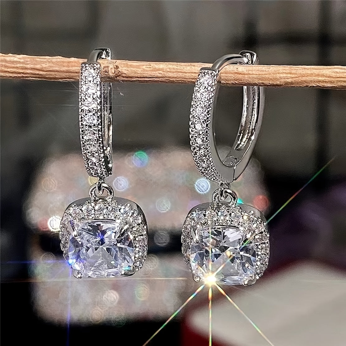 Women's Copper Micro Zirconia Square Earrings for Weddings Daily Wear