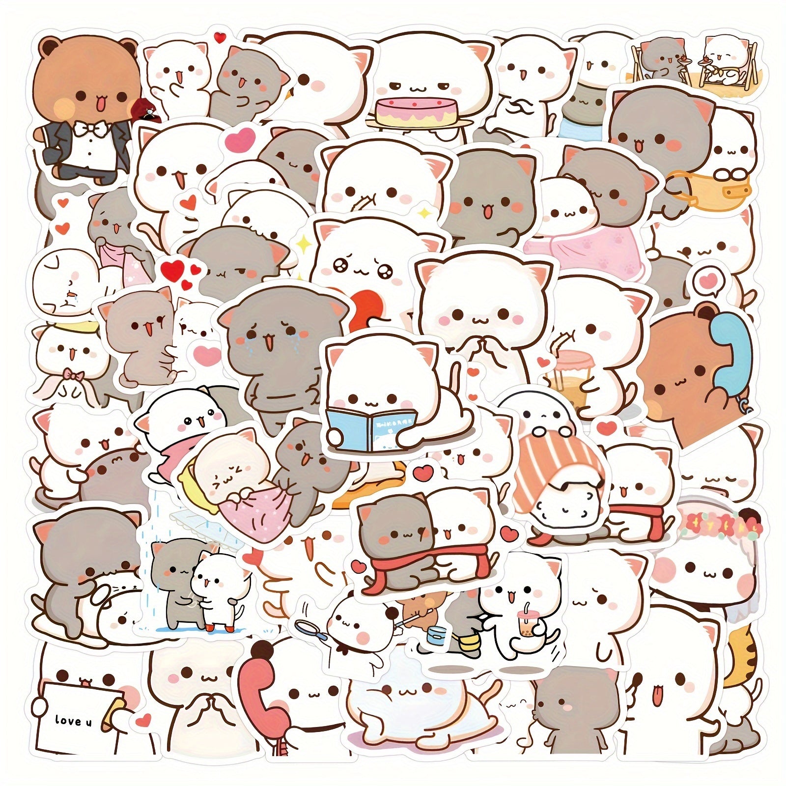 60pcs Kawaii Mochi Cat PVC Stickers Reusable Self-Adhesive Decals for Scrapbooking Laptops Water Bottles