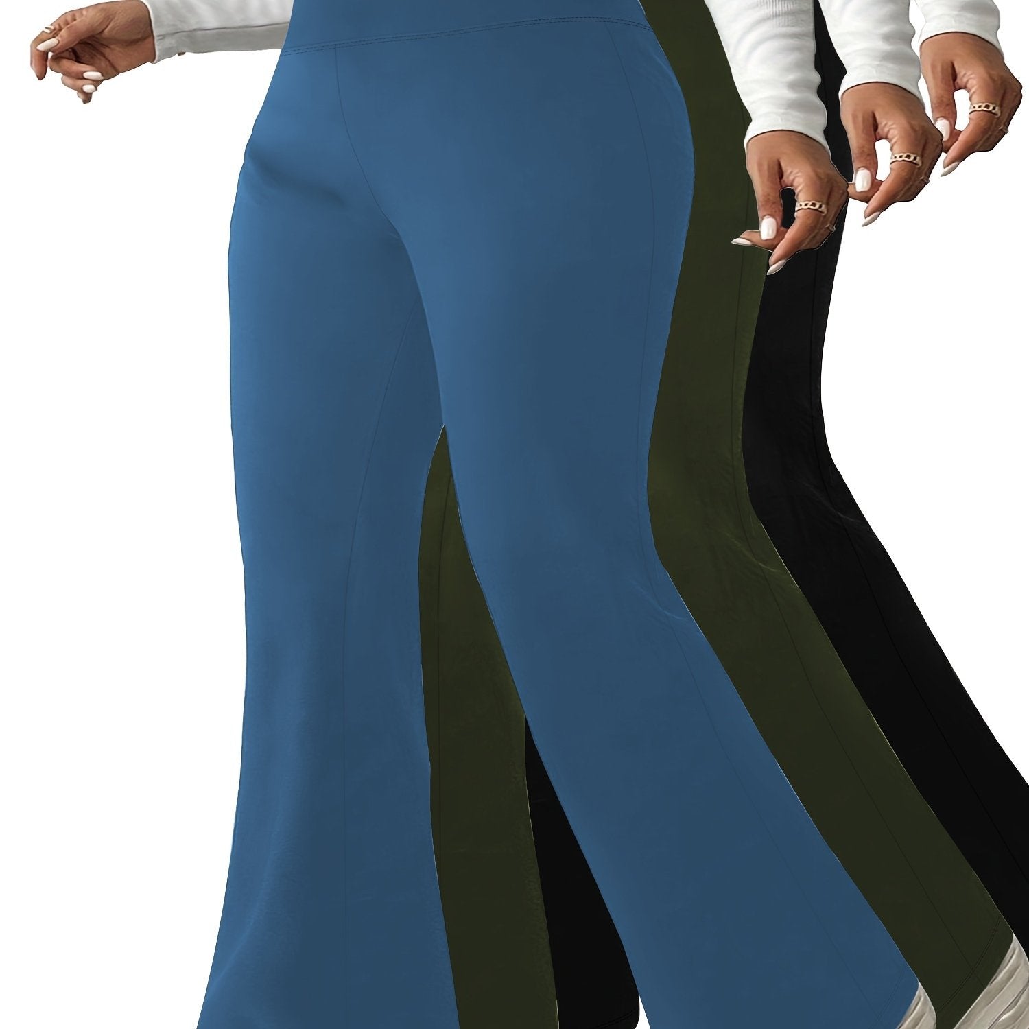 Women Stretchy High-Waist Flare Pants 3-Pack Tummy Control Black Red Navy