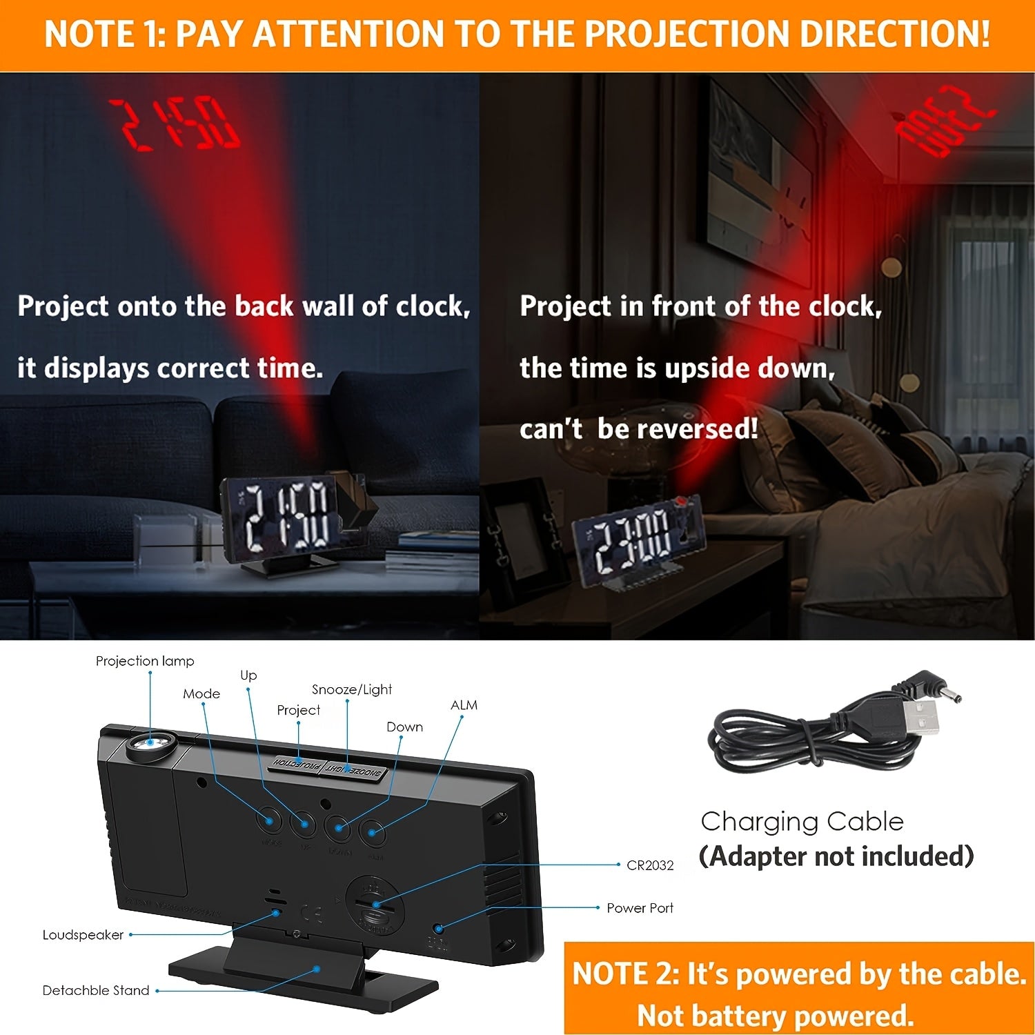 Sozlanadigan LED proektsiya signalizatsiya soati, Snooze bilan, harorat ko'rsatuvchi, oynali dizayn, USB bilan quvvatlanadigan, yotoqxona, uy, ofis, mehmonxona uchun yashash xonasi