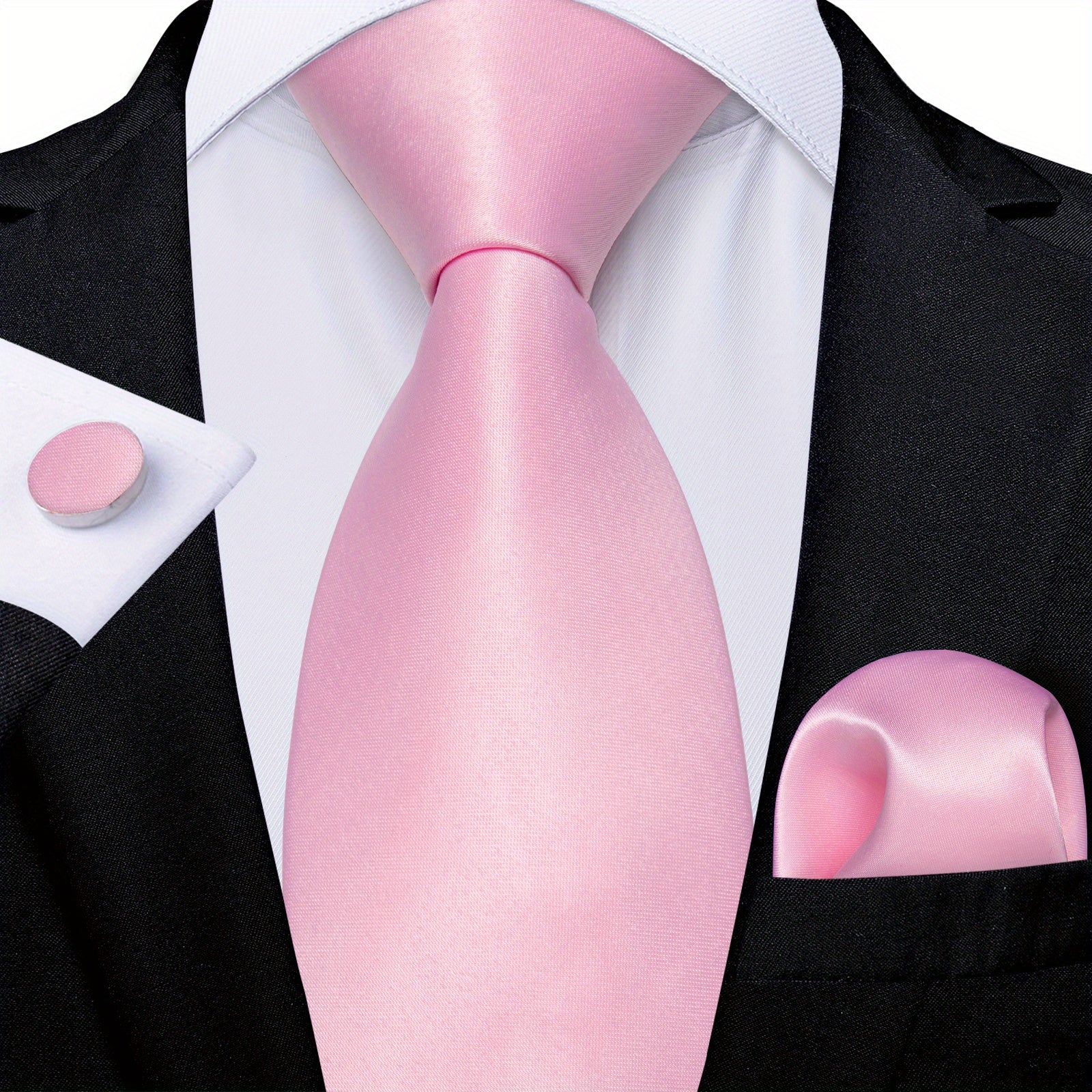 Stylish Men's Pink Patterned Tie Set with Pocket Square, Hanky, and Cufflinks - Perfect for Weddings or as a Gift