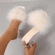 Women's Faux Fur Decor Chunky Heel Sandals Square Toe Slip-On Summer Dress Shoes