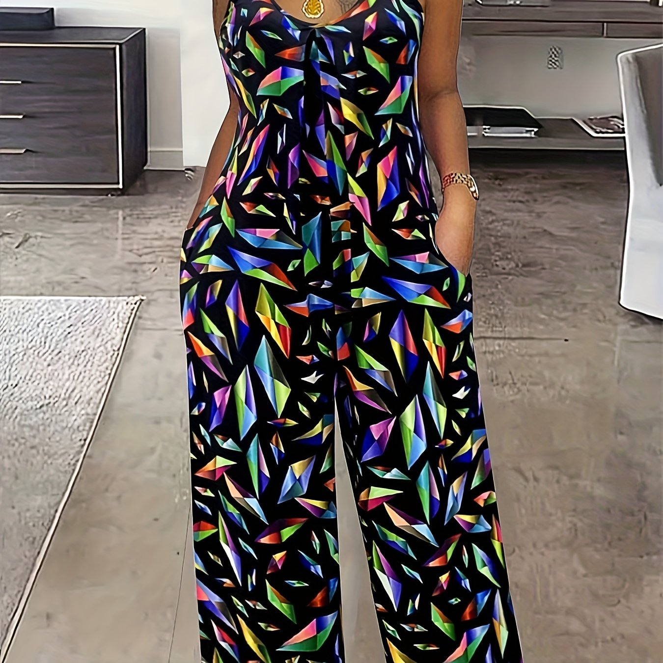 Women's Casual Printed Pleated Sleeveless Tights with Pockets