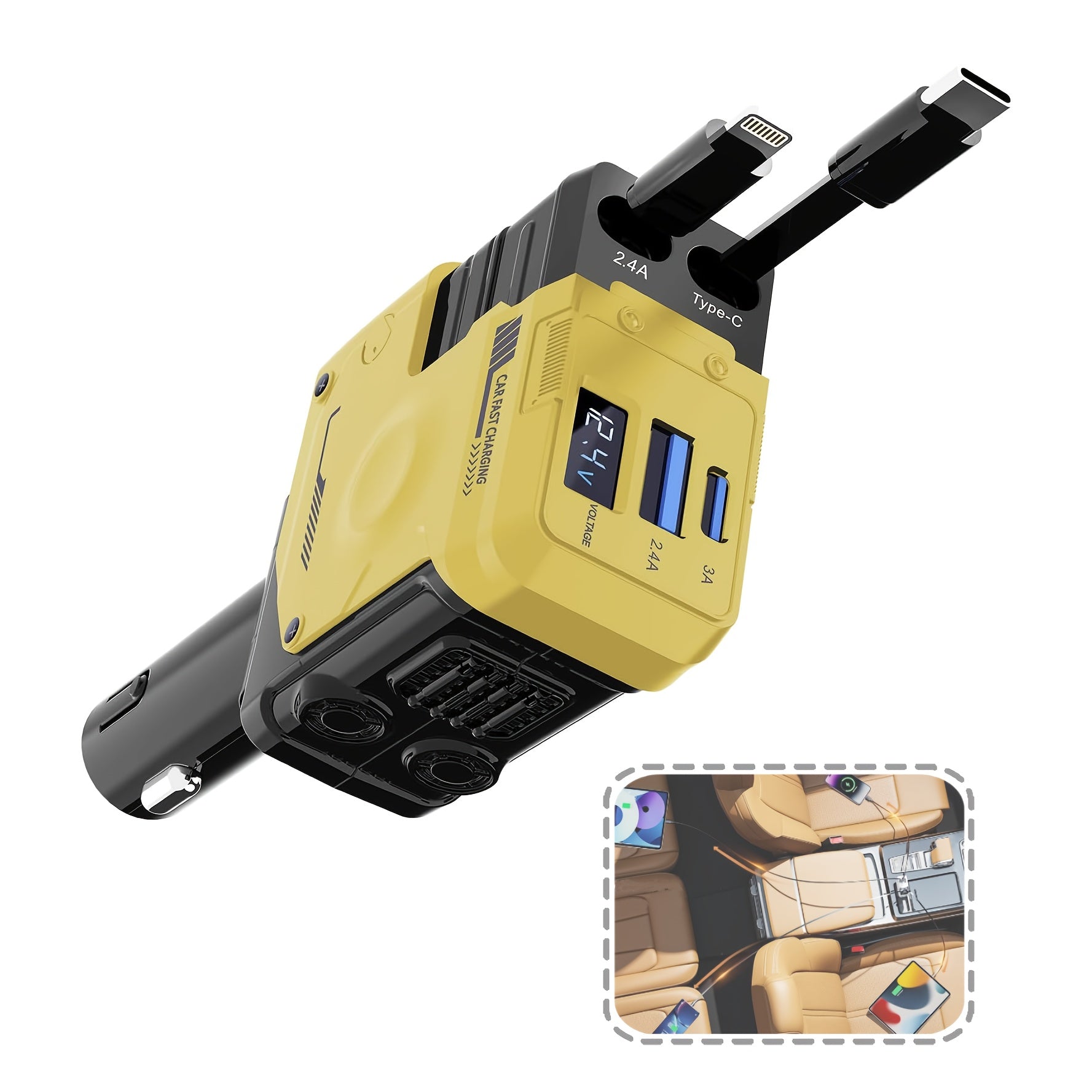 4-в-1 выдвижное автомобильное зарядное устройство с вращением на 180° и портом USB-C