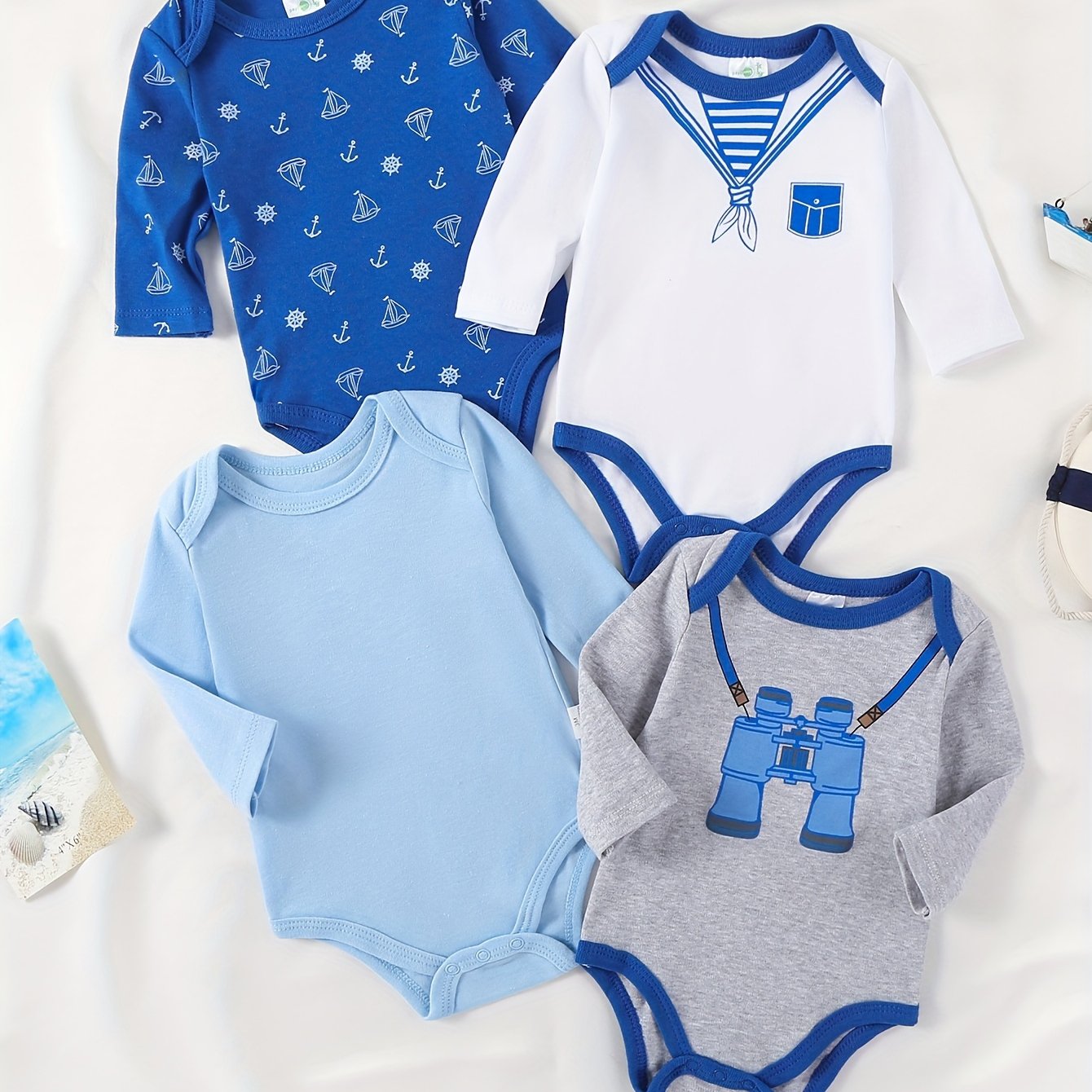 Boys 4-Pack Long Sleeve Cotton Onesies with Astronaut and Space Patterns for Fall Winter