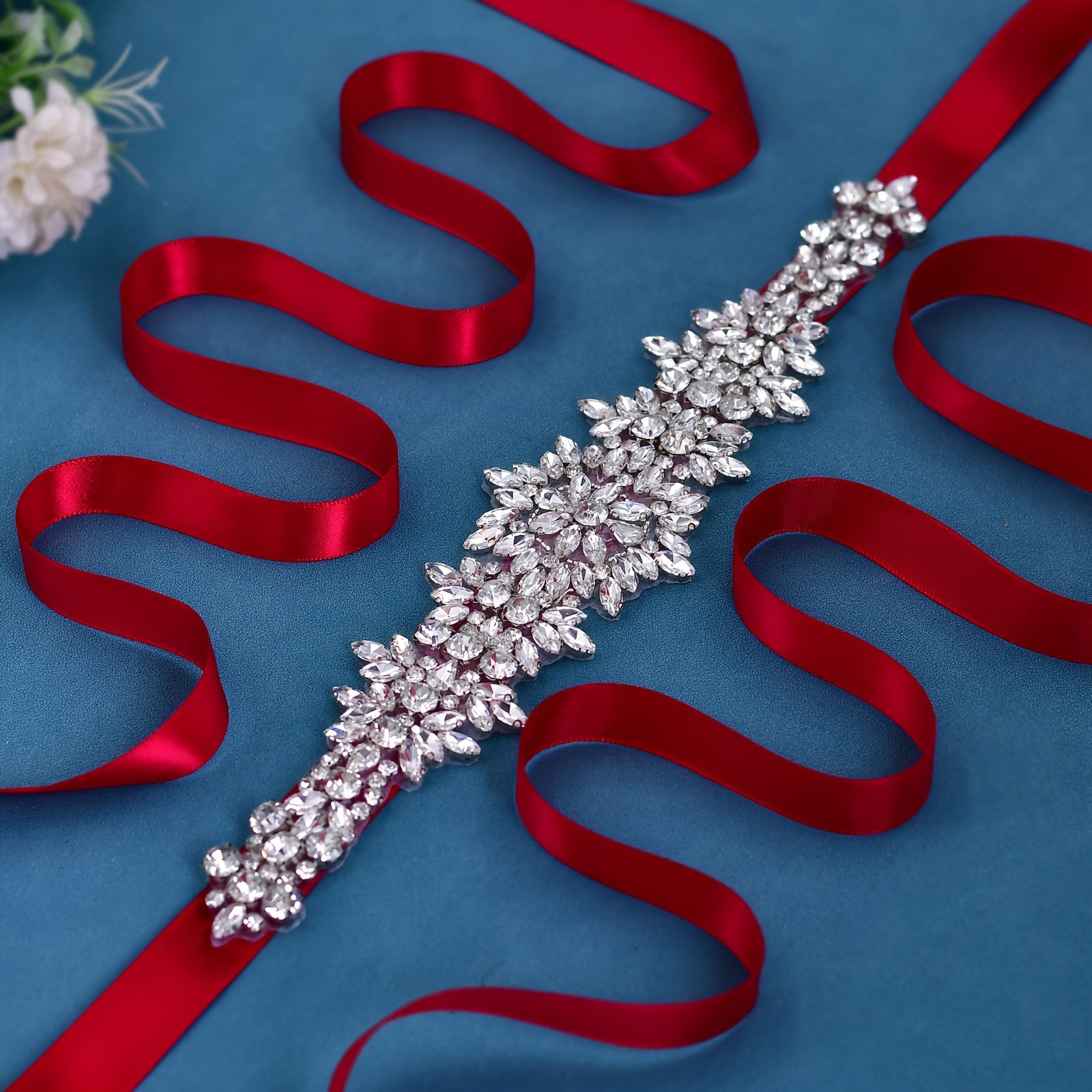 Wedding Dress Belt with Shiny Silver Stones and Red Ribbon for Bridal Evening