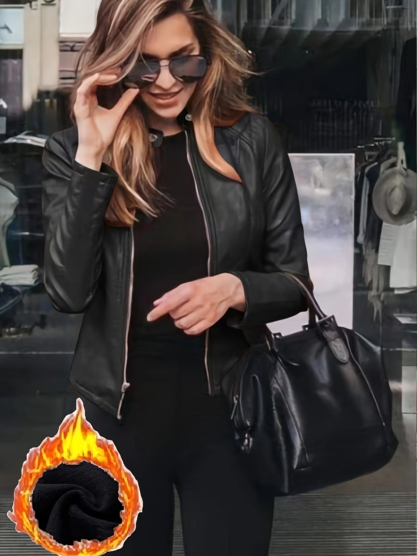 Women's Fleece-Lined Zip-Up Jacket with Crew Neck Long Sleeves Waterproof Fall Winter