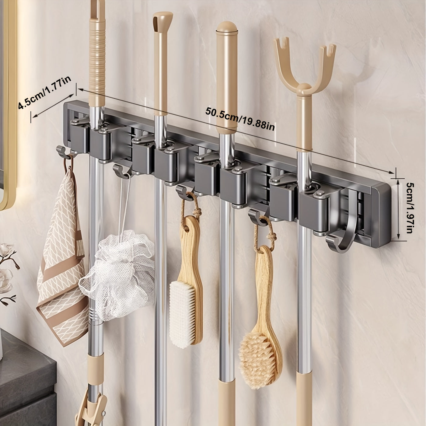 Heavy Duty Metal Wall Mount Mop and Broom Holder with Adjustable Hooks and Space-Saving Shelf