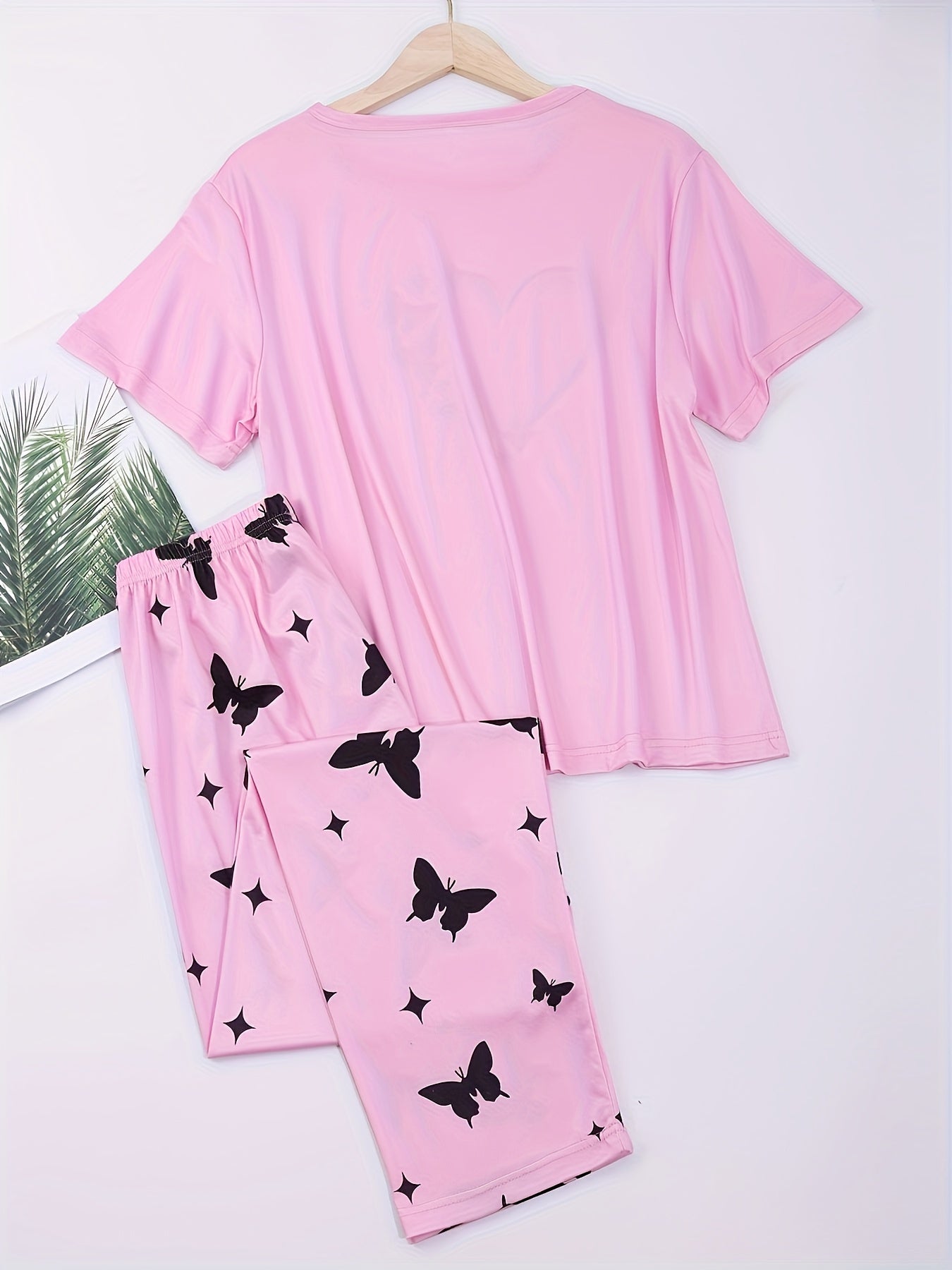 Women's Heart and Butterfly Print Pajama Set Short Sleeve Top Loose Long Pants Lounge Sleepwear