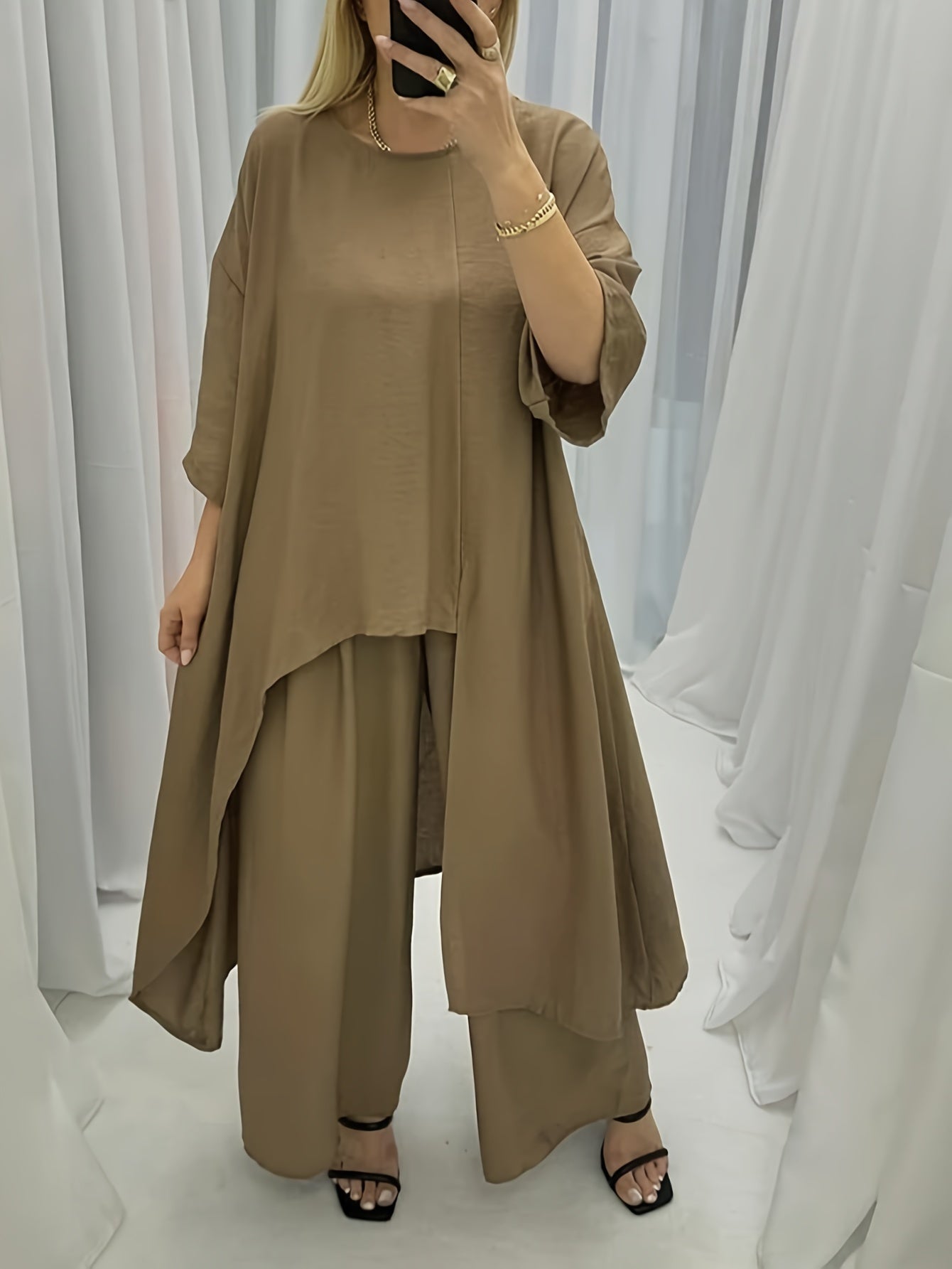 Plus Size Solid Two-Piece Set Women Casual Crew Neck Long Sleeve Top Wide Leg Pants