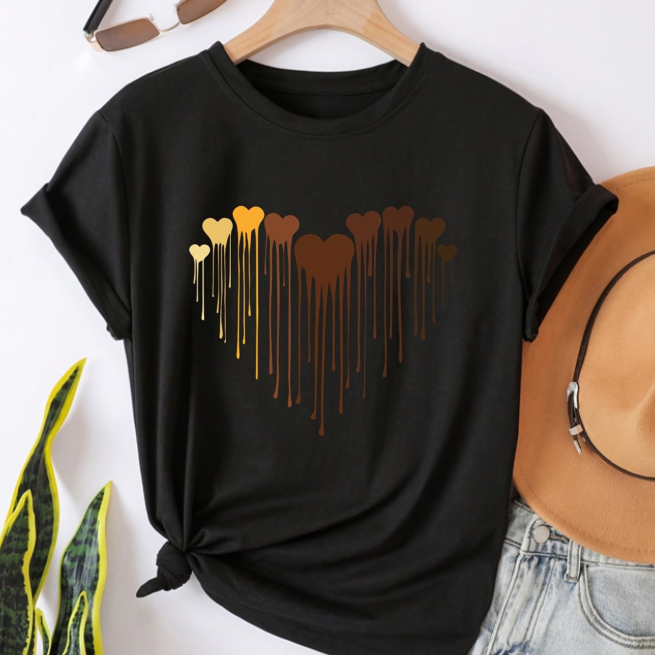 Women's Polyester Blend Crew Neck T-Shirt with Heart Print for All Seasons