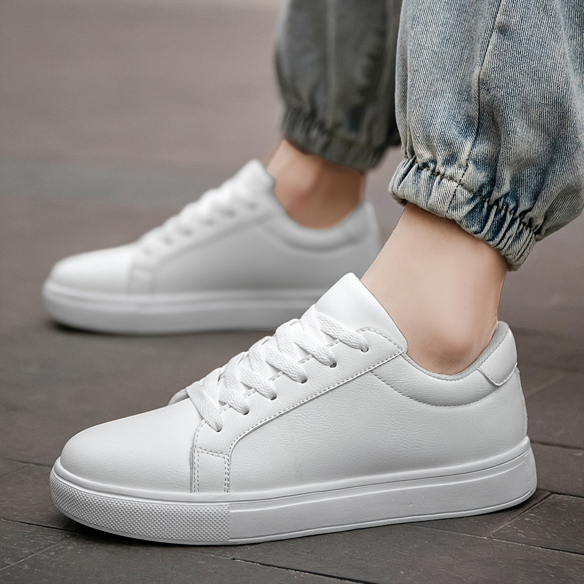 Men's All-Season Solid PU Leather Casual Sneakers for Outdoor Walking